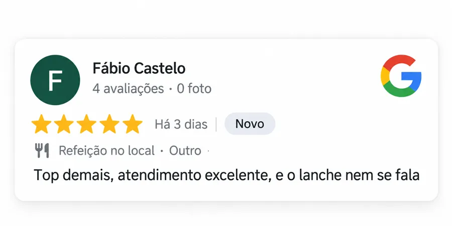 Avaliação do Google de Fábio Castelo: “Top demais, atendimento excelente, e o lanche nem se fala”